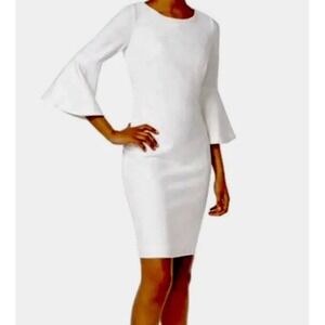 Calvin Klein White Bell Sleeve Gold Zipper Evening Sheath Dress 8 Cocktail